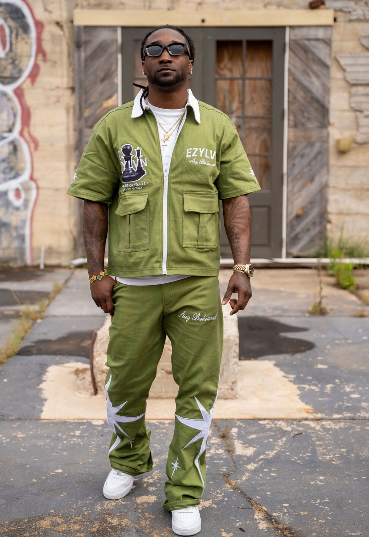EZY| Olive green/White “Bet on yourself” denim set